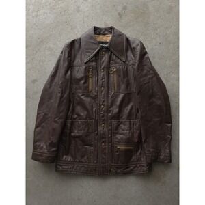 Vintage 1970s Stratojac Brown Leather Glam Disco Jacket Talon Zips M 38